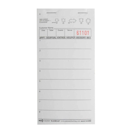 Waitrpad 3.5x5.75 8 Line White 1 Part Guest Check 100 Checks, PK50